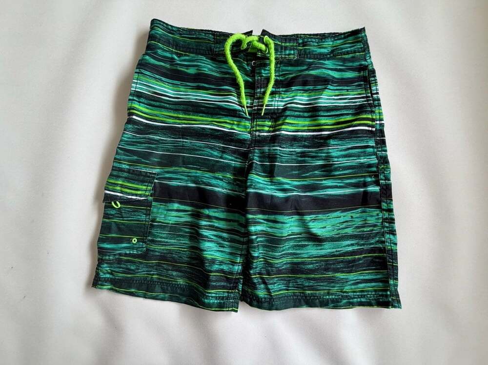 Mens Swim Trunks Green Black Striped Drawstring Beach Shorts
